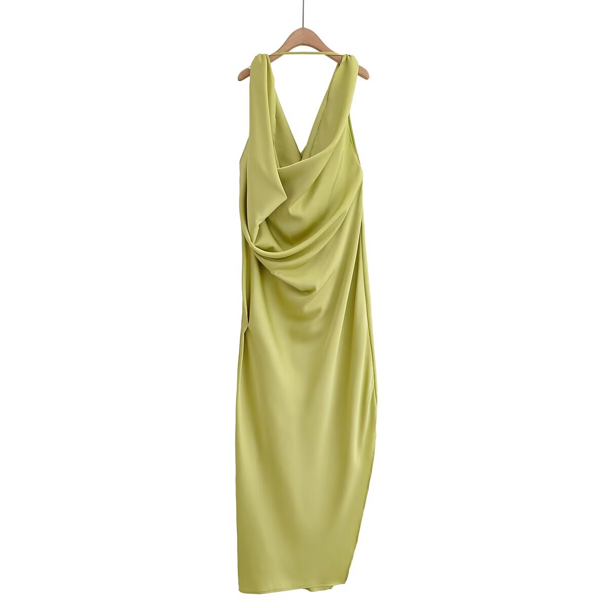 Women's New Fashion Solid Satin Texture Sleeveless draped Midi Dress