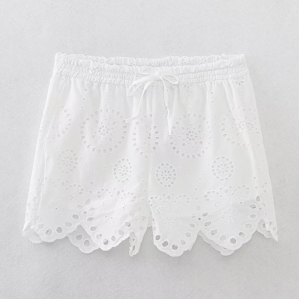 suit Women's 2 pieces fashion hollow embroidery short sleeved shirt+Shorts suit