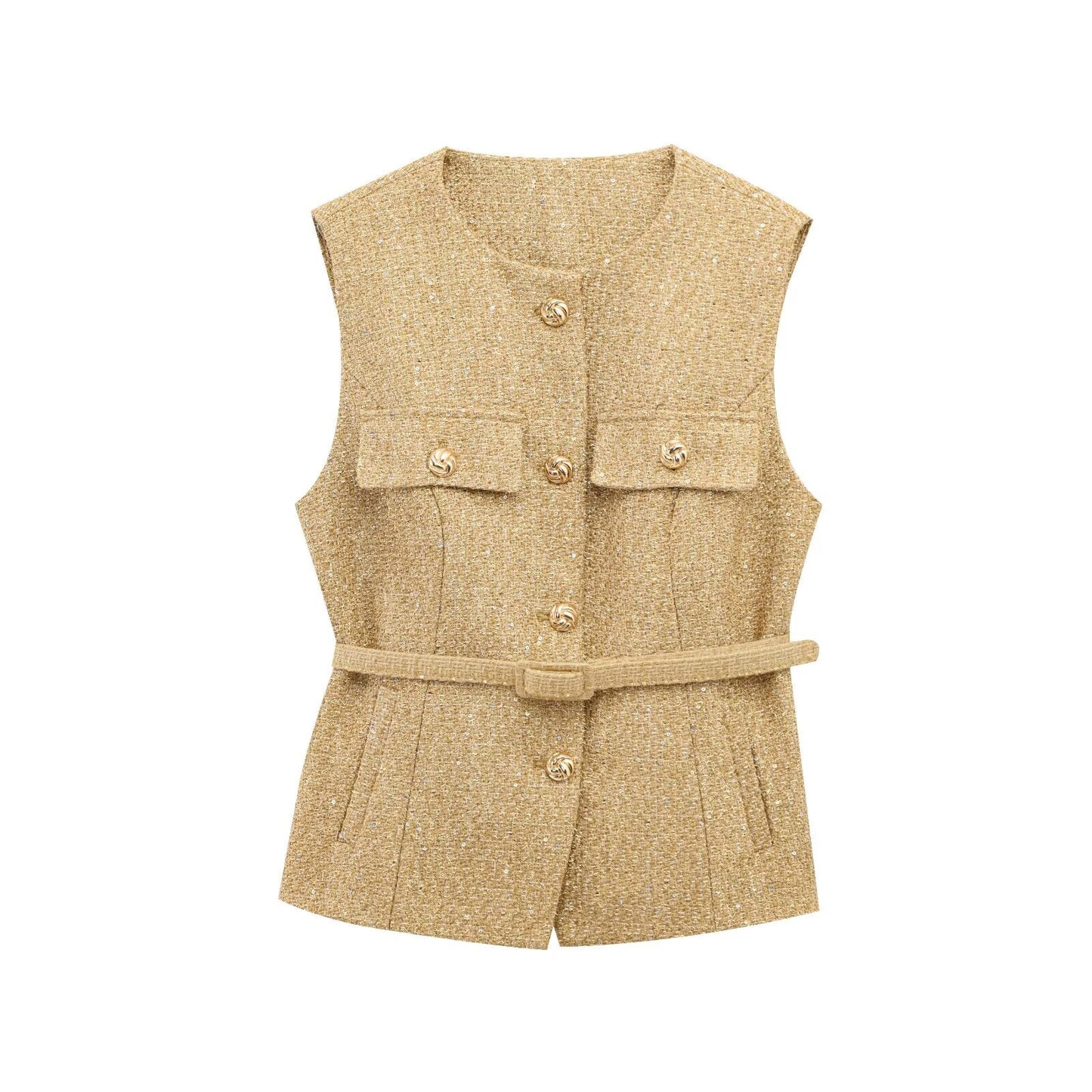 Women's new fashion with Belt bead decoration sleeveless textured vest