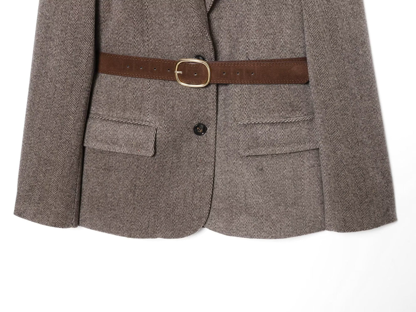 Women's with Belt herringbone diagonal Blazer Coat