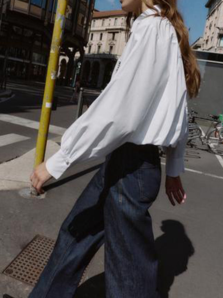 Women's new fashion bead decoration bubble sleeve poplin shirt