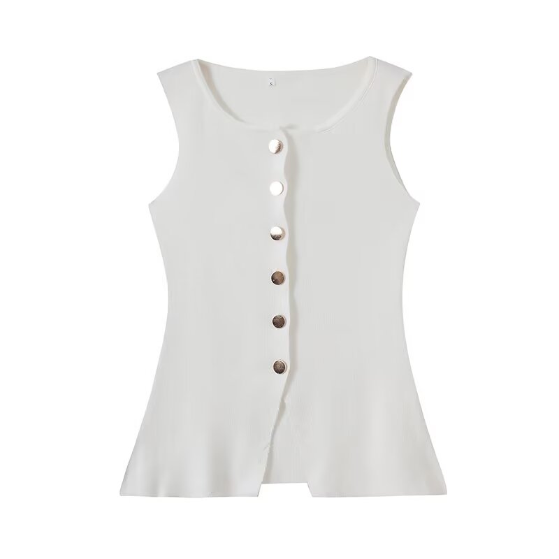 Women's new fashion gold button decoration slim knitted vest retro sleeveless women's vest chic top