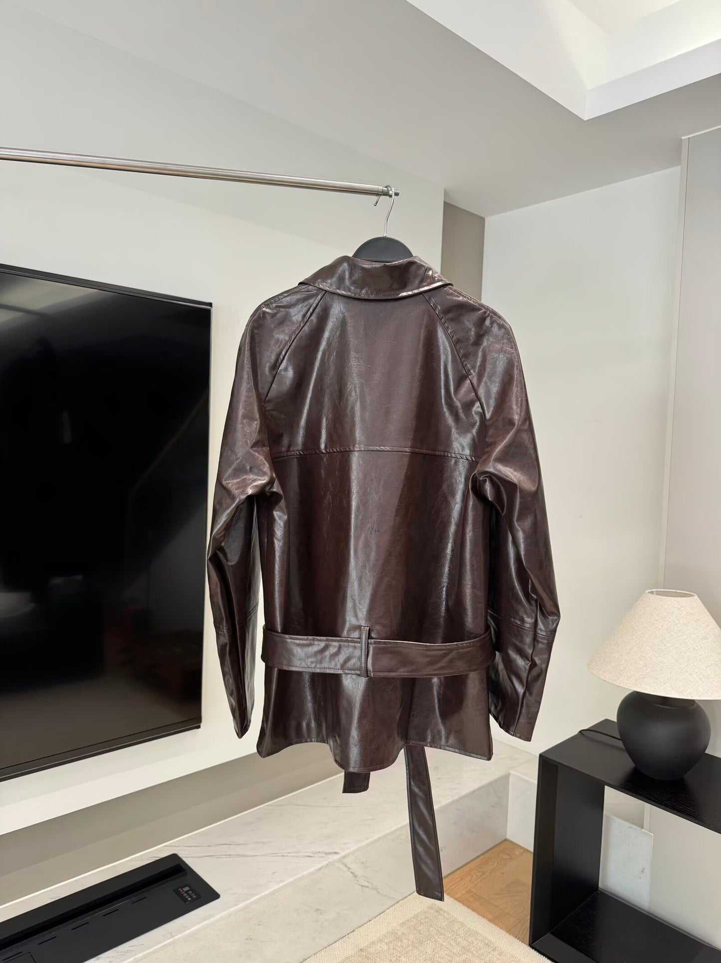 Women's new fashion with Belt short faux leather windbreaker Coat