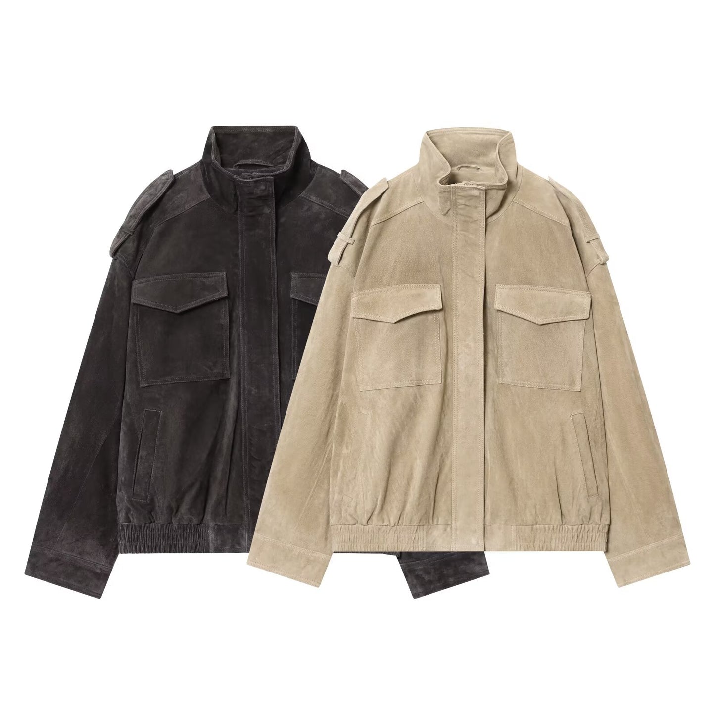 Women's new fashion loose stand collar suede textured leather jacket