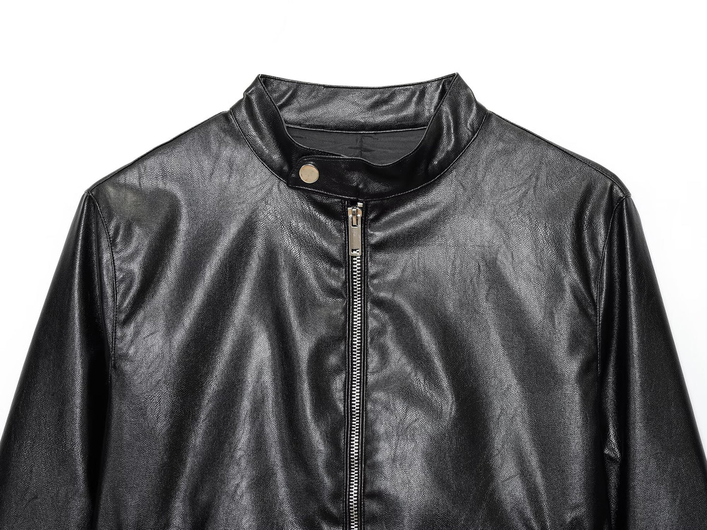 Women's new fashion black stand collar Faux Leather jacket Coat+Pants suit