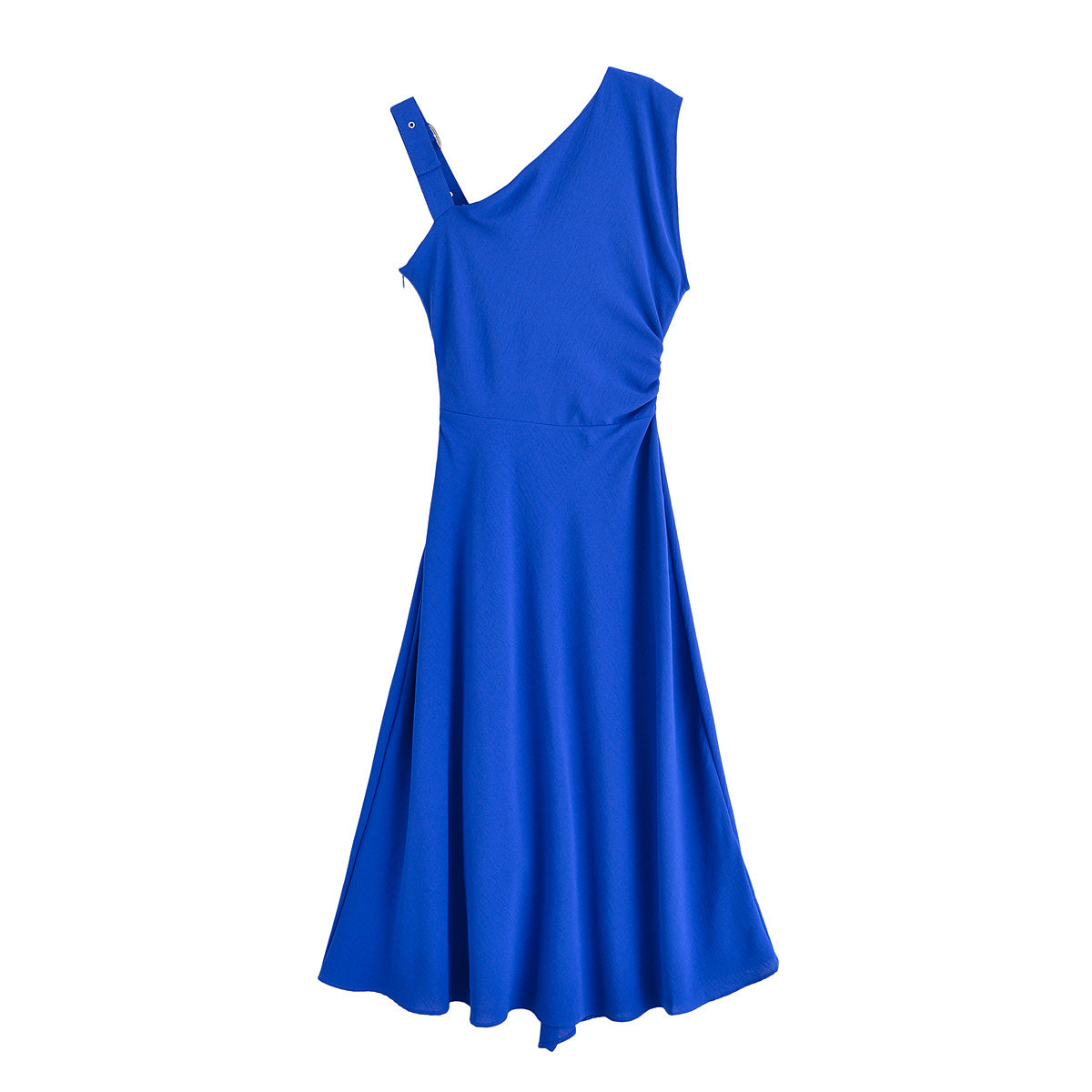 Women's new fashion Asymmetric Metal Buckle Design Slant Shoulder Midi Dress