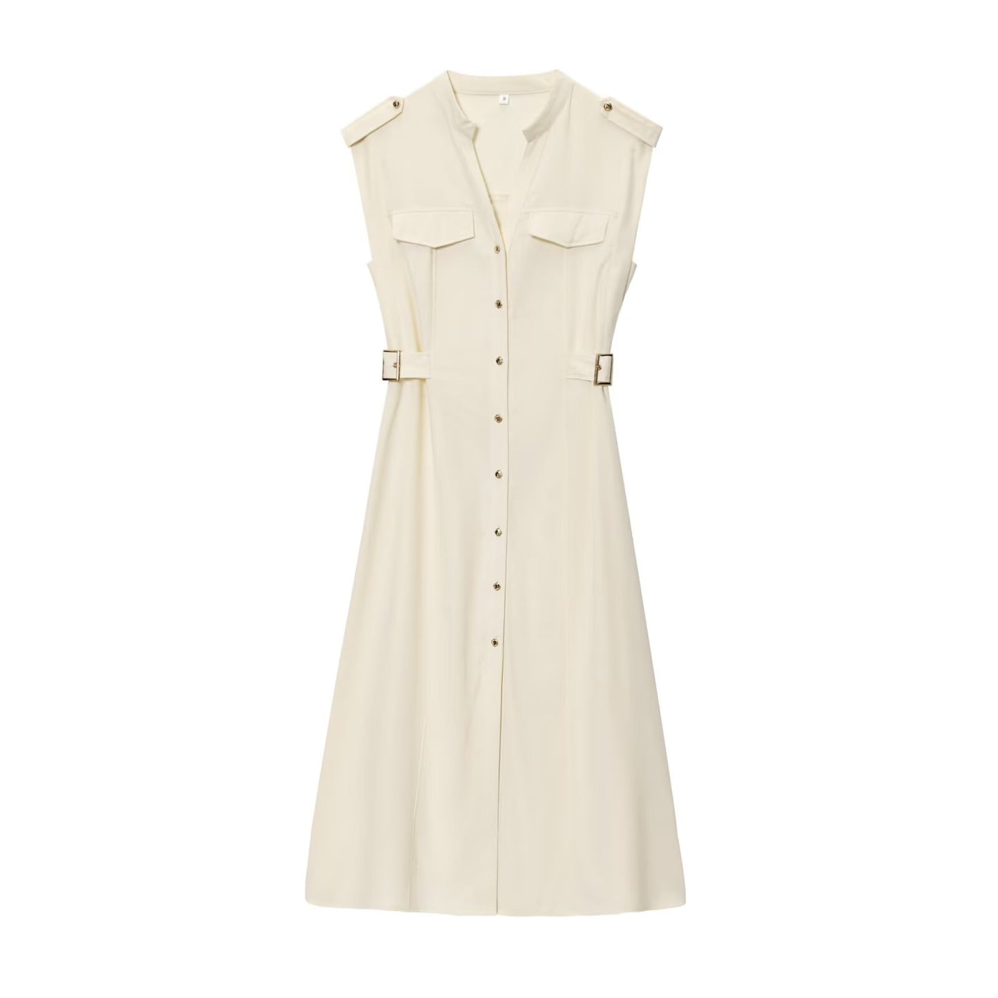 Women's New Fashion Sleeveless Single breasted Linen Blended Midi Dress