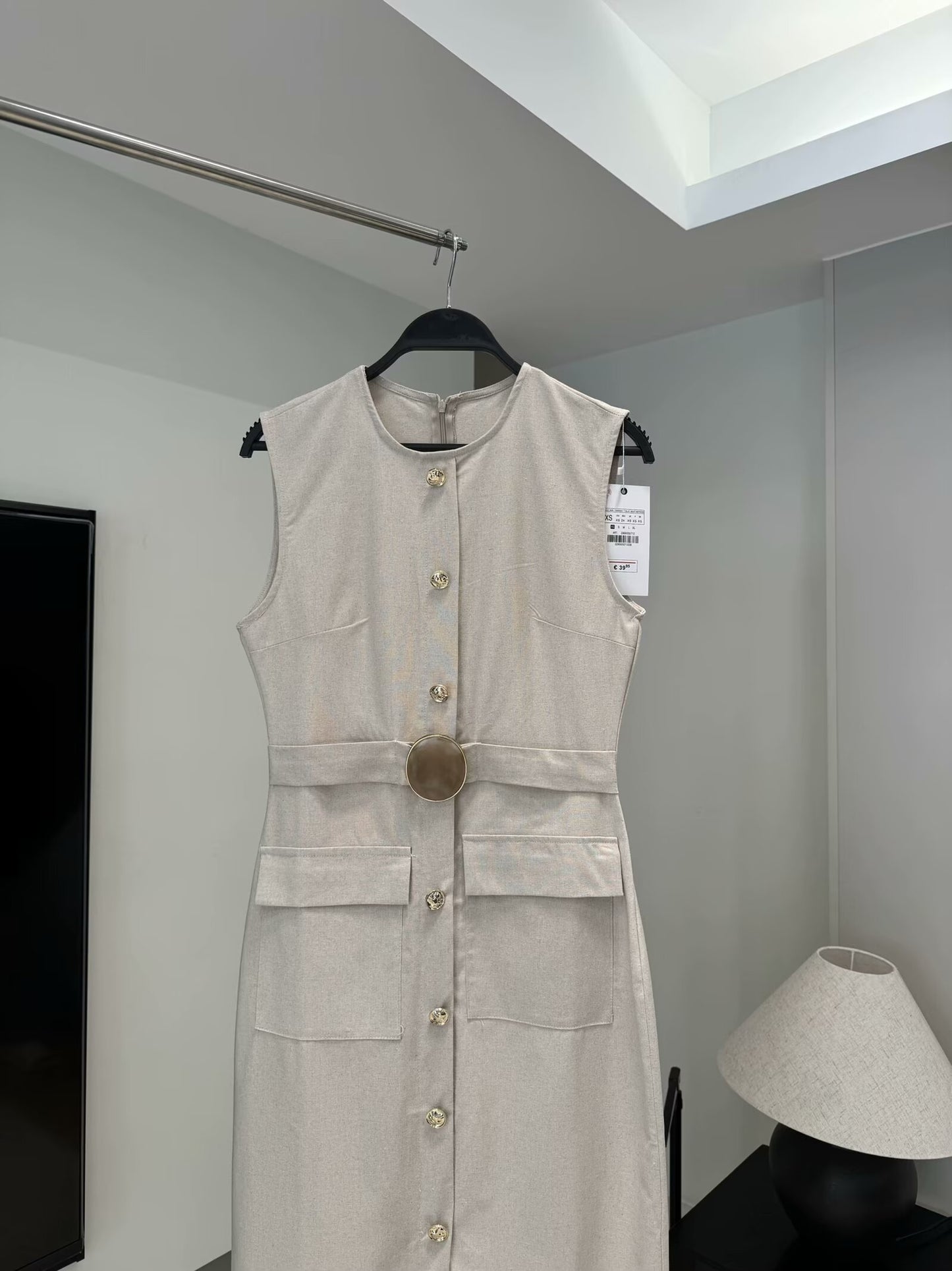 Women's New Fashion Sleeveless Single breasted Linen Blended Midi Dress