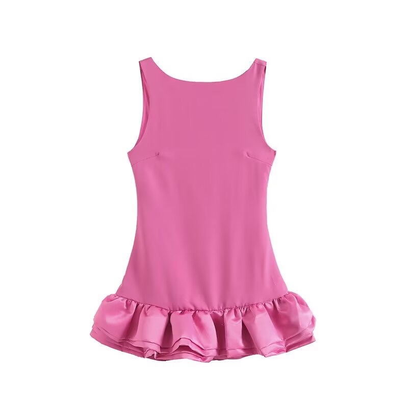 Women's 2025 new fashion fluffy hem slim round neck mini dress retro sleeveless women's dress