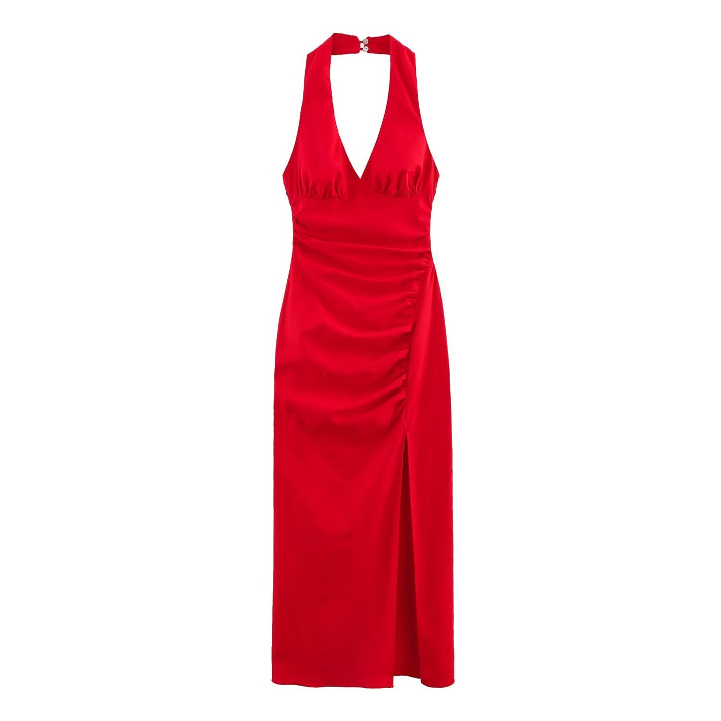 Women's new chic fashion pleated decoration tight hanging neck Split MIDI dress retro sleeveless backless women's dress
