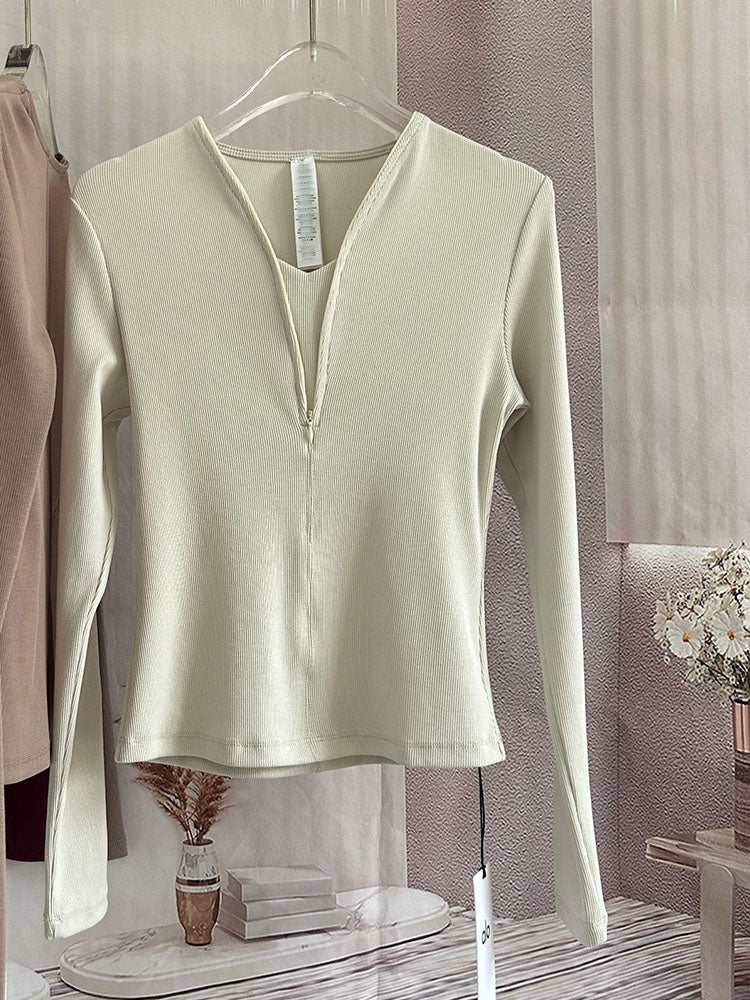 Women's New Casual Joker Slim V-neck Zipper Sports Fitness Long Sleeve Bottoming Shirt