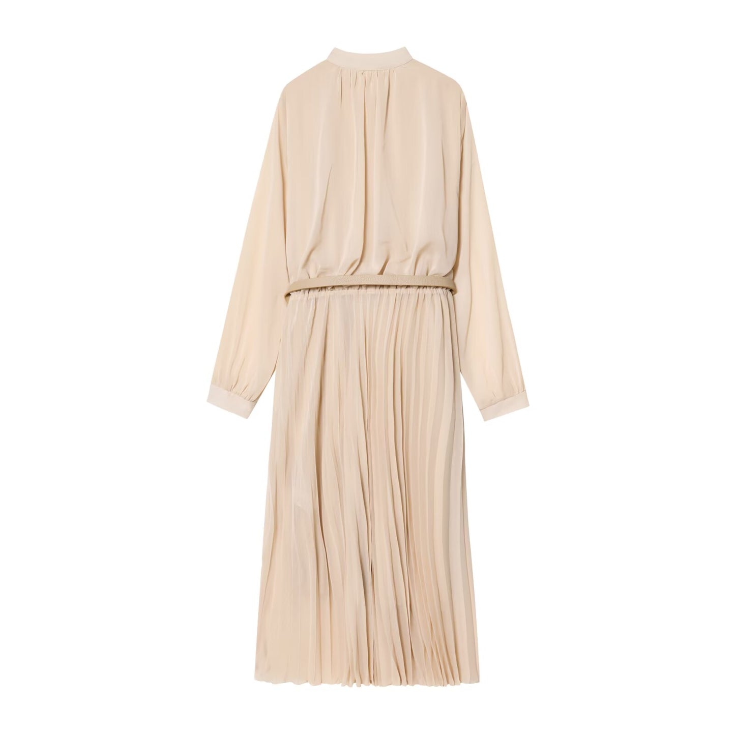 Women's New Fashion With Belt Long Sleeve Pleated Midi Dress