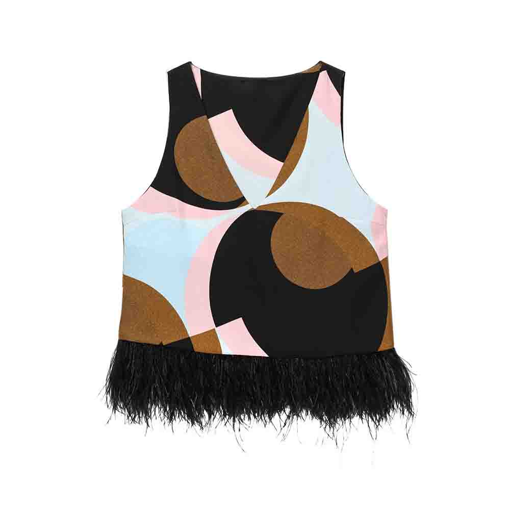 set woman 2 pieces New feather decoration printed V-neck top+Pants suit