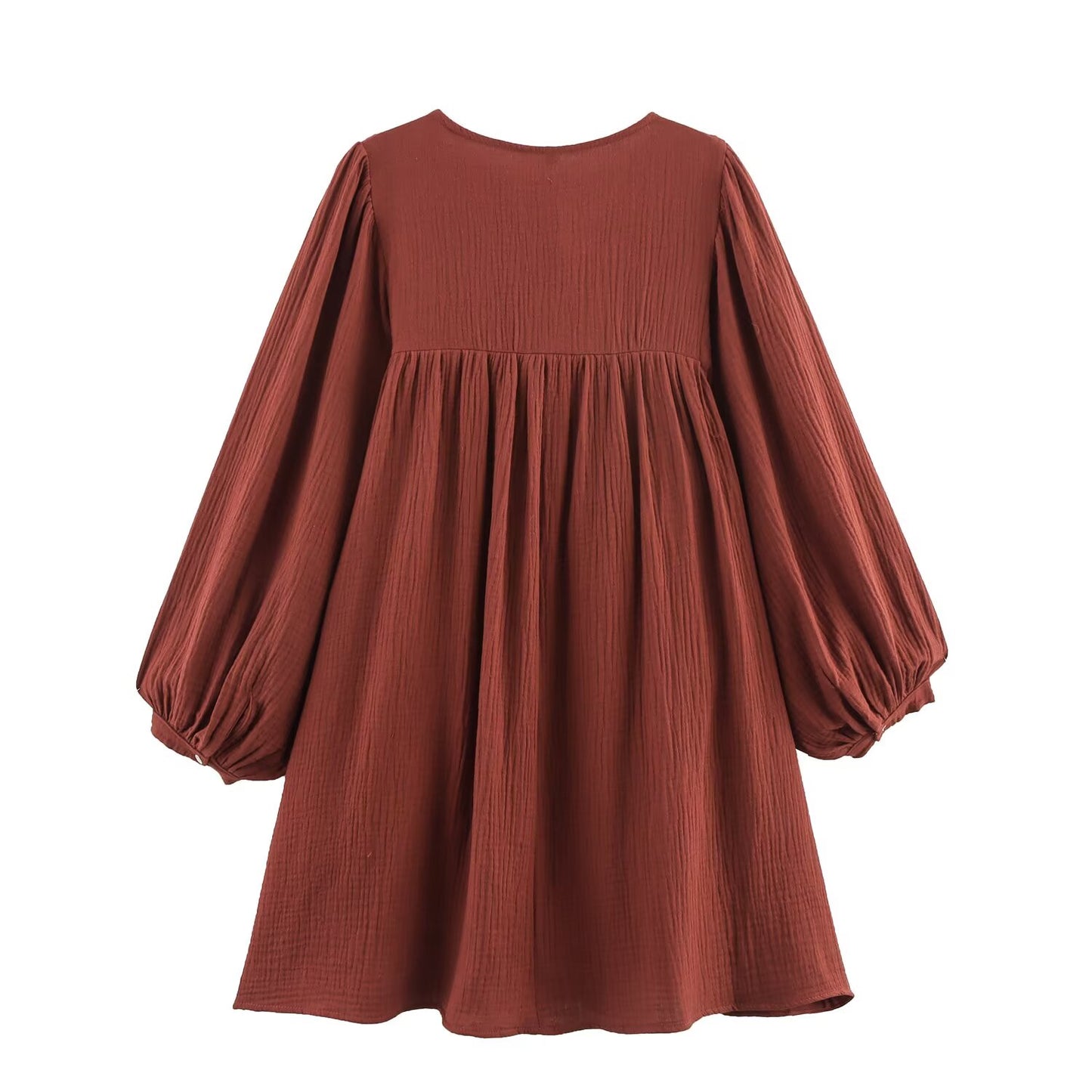 Women's new fashion loose long sleeved lace up embroidered mini dress