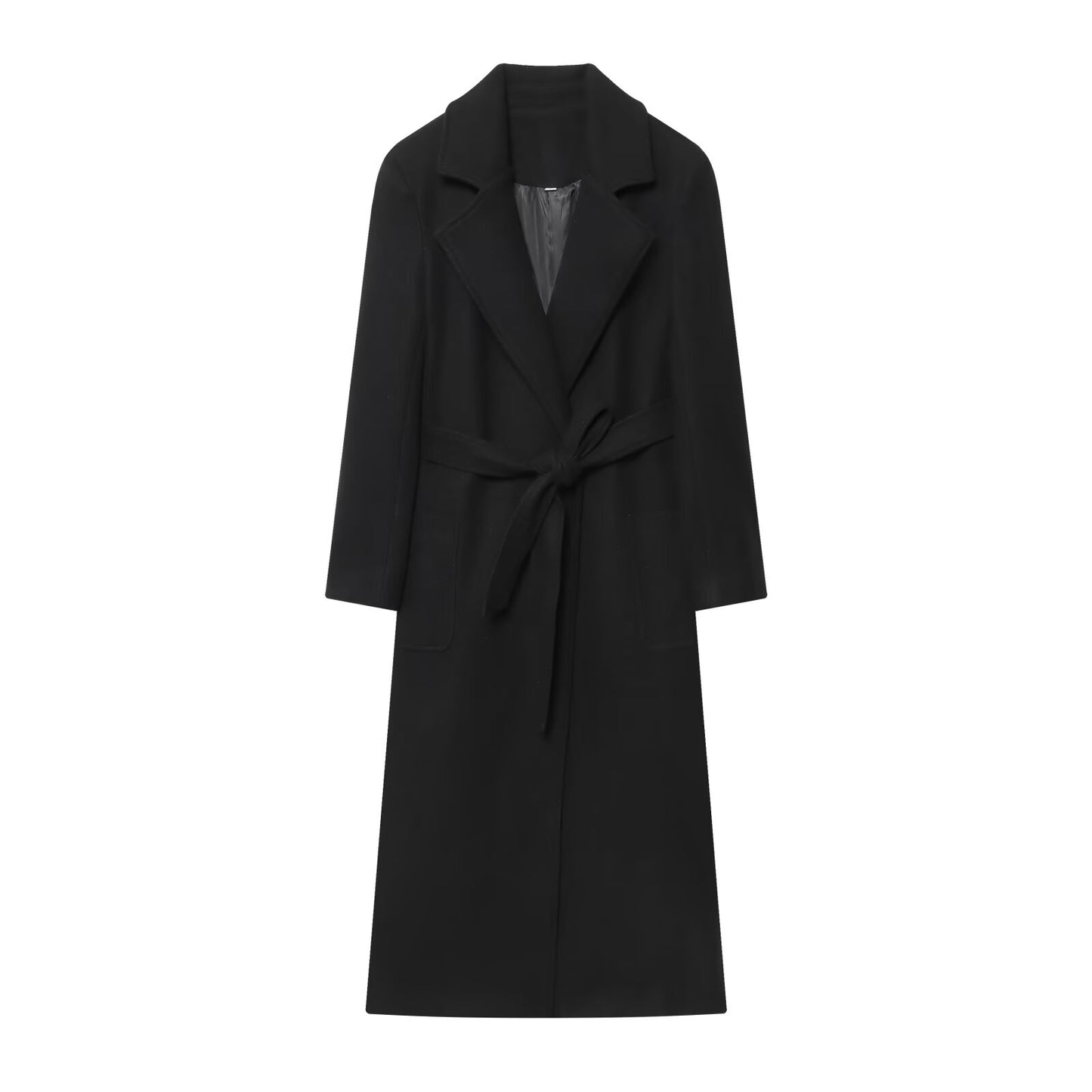 Women's New Fashion With Belt Black Long Style Wool Blended Woolen Coat