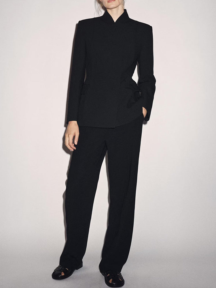 Women's 2025 new fashion black slim stand collar suit jacket+Pants suit
