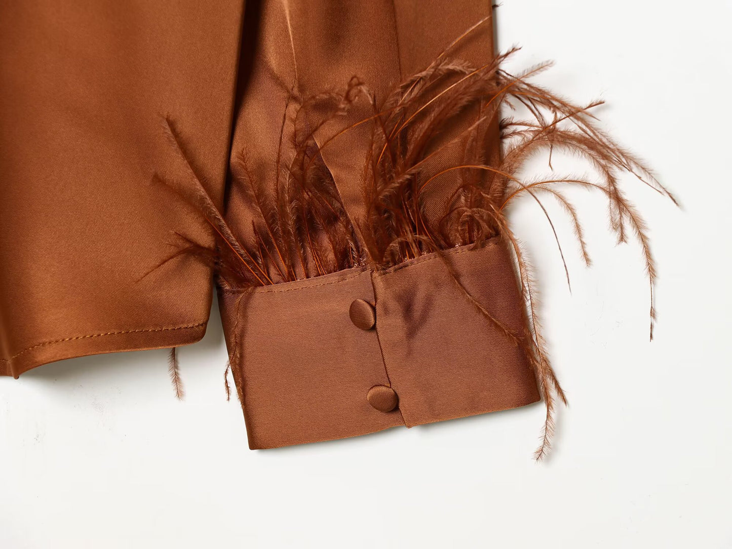 Women's feather decorated lapel satin textured shirt