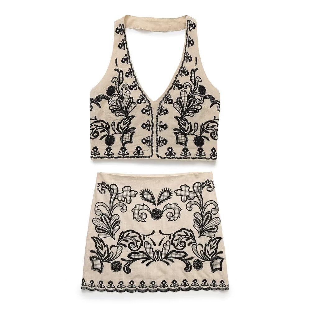 suit Women's 2 pieces new fashion short embroidered hanging neck top+Skirts suit