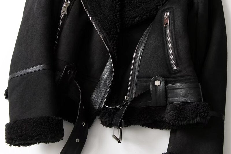 Women's with Belt loose warm Fur Faux Leather jacket Coat