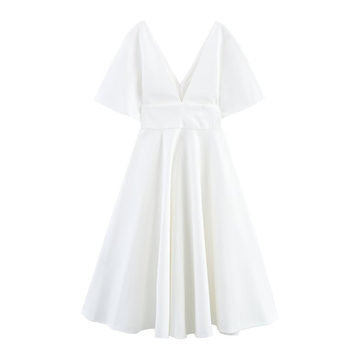 Women's New Fashion Short sleeved Single breasted Poplin V-neck Midi Dress