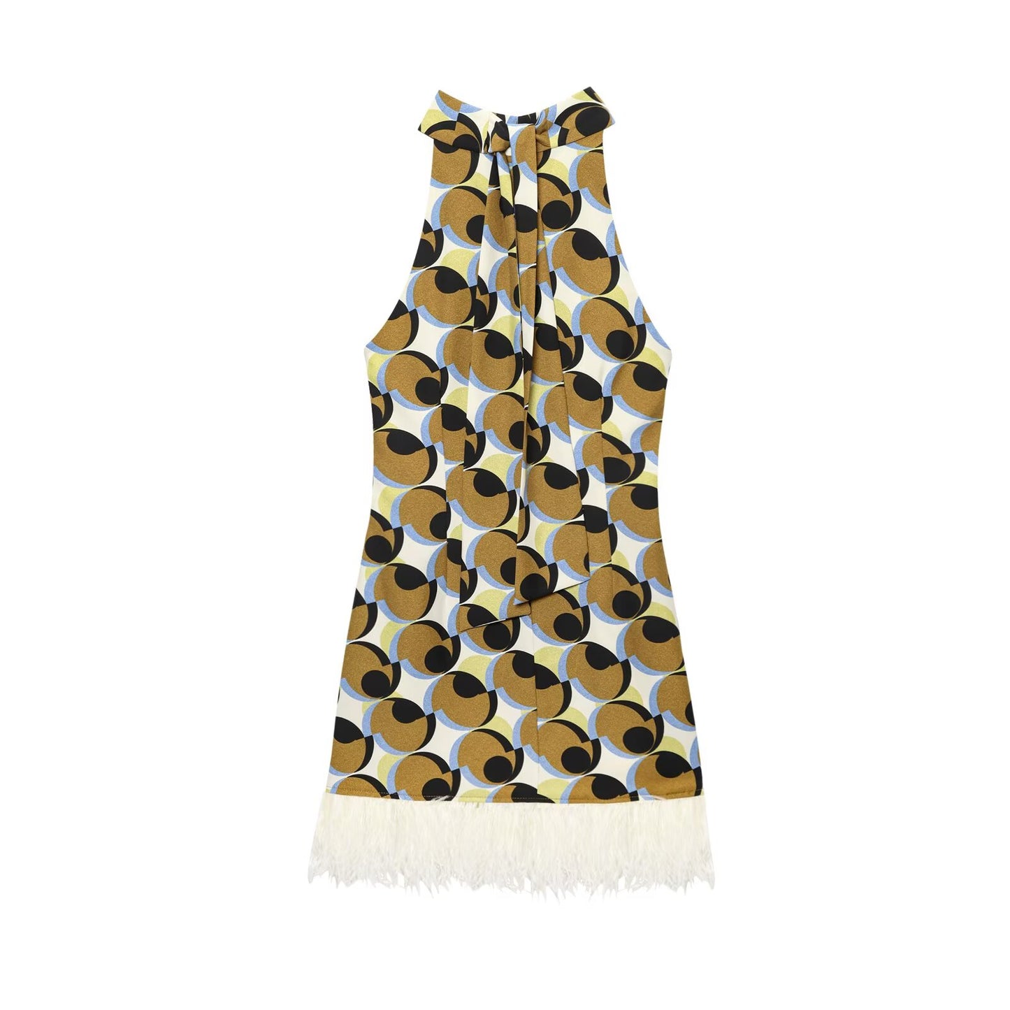 Women's New Fashion feather decoration geometric print hanging neck mini dress