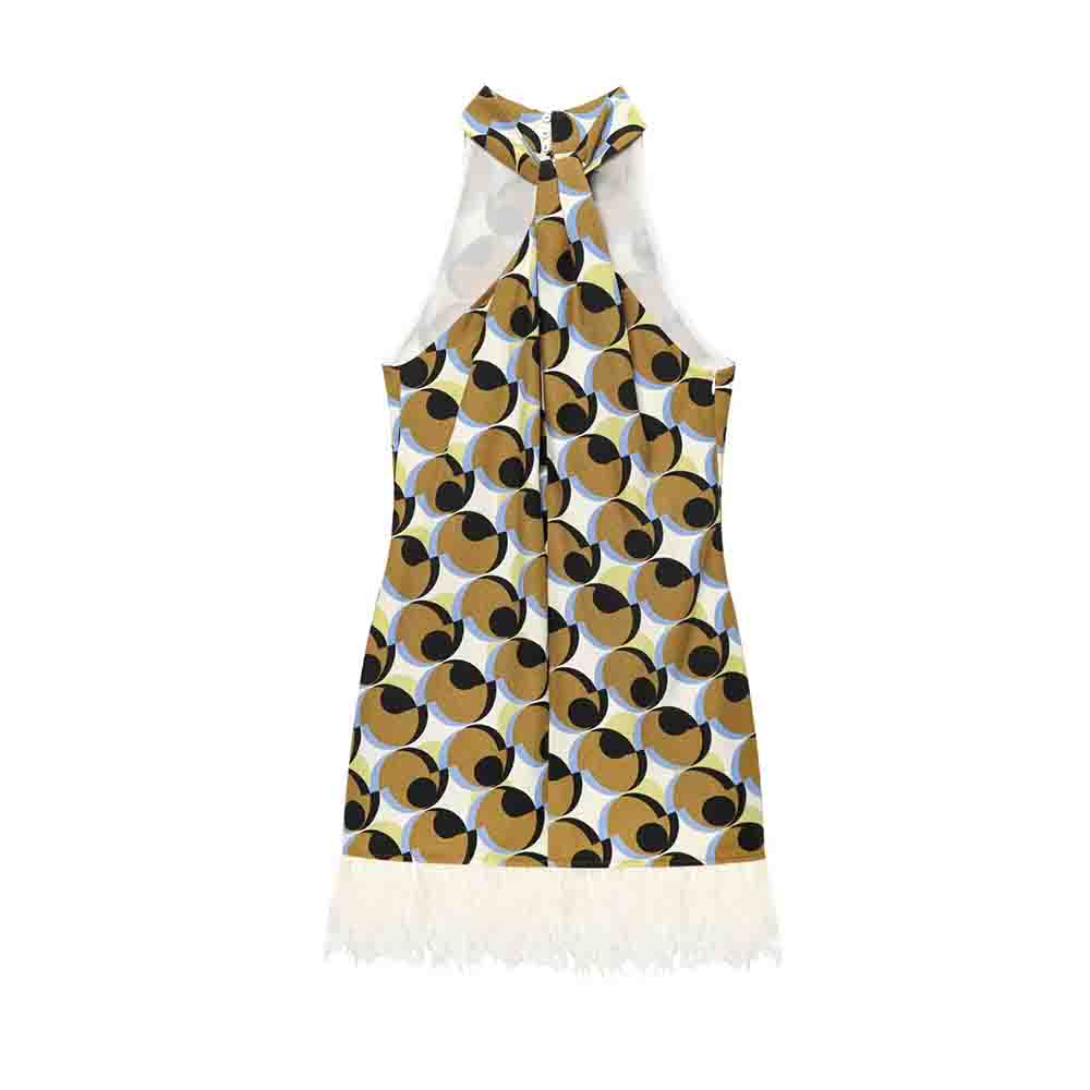 Women's New Fashion feather decoration geometric print hanging neck mini dress