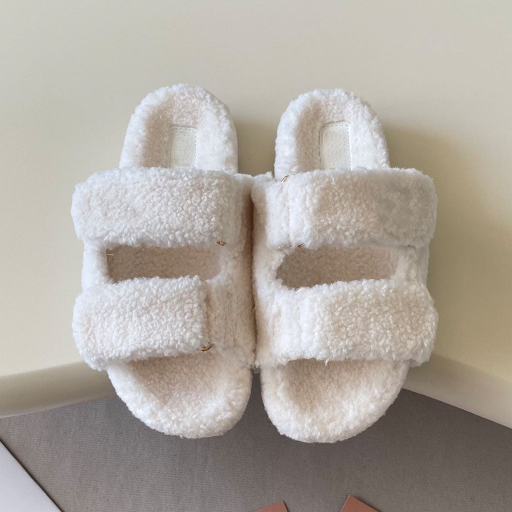 Women's new Velcro thick-soled fur slippers have a shoe box