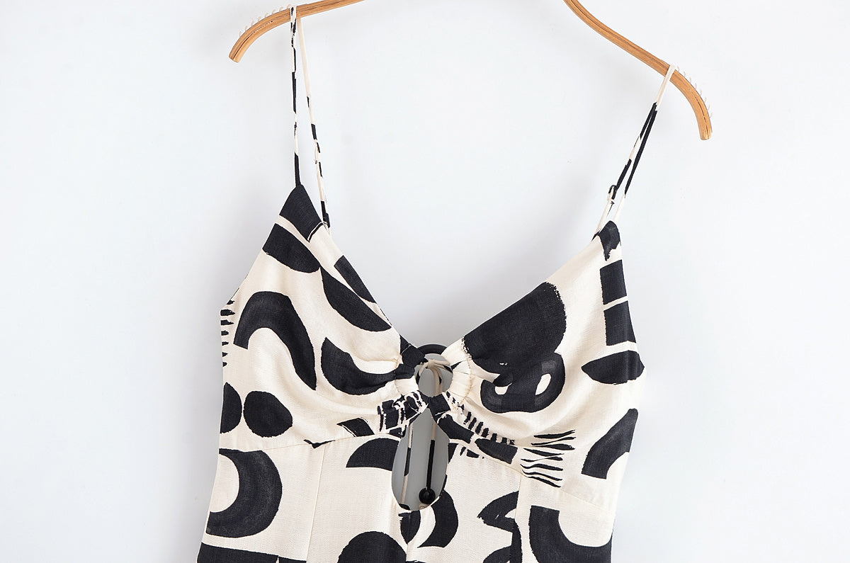 Women's Summer Fashion Hollow out Design Printed suspender Midi Dress