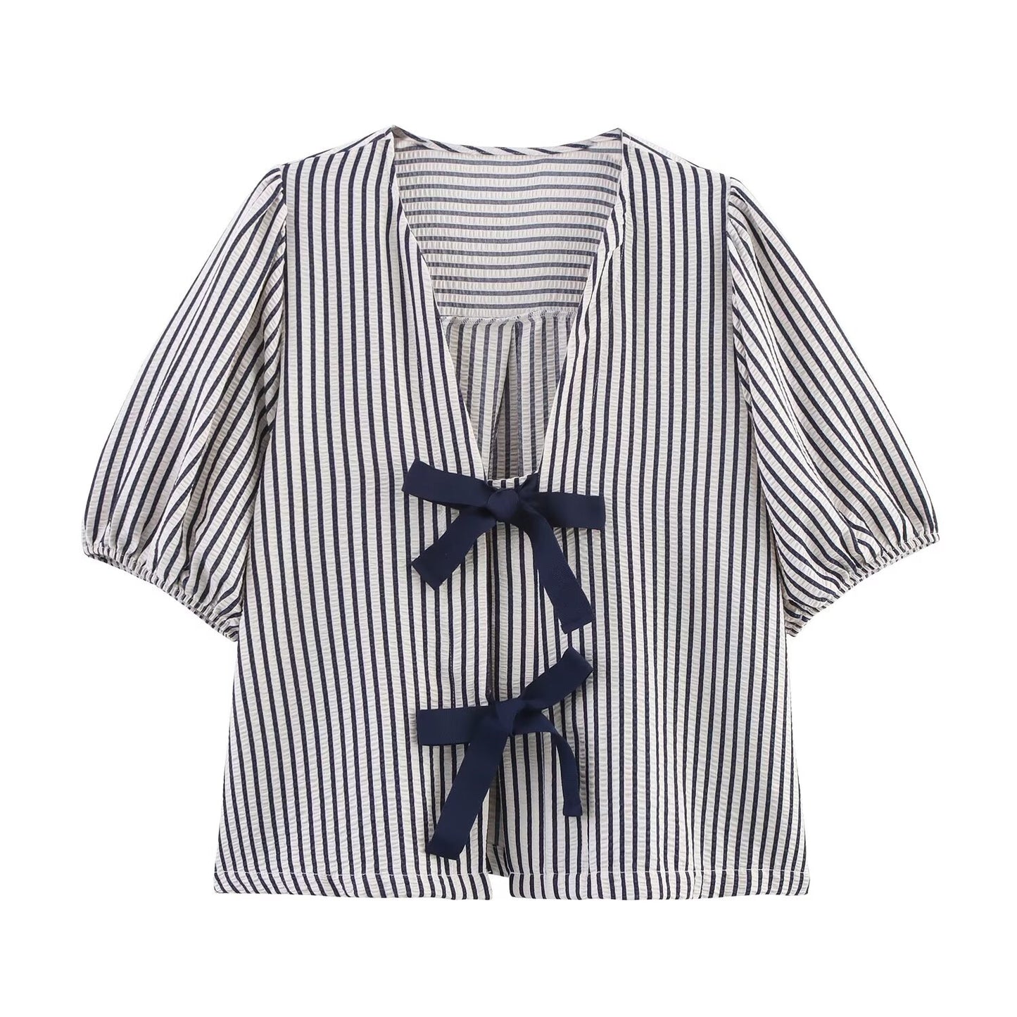Women's new fashion bow decoration short sleeved V-neck striped top