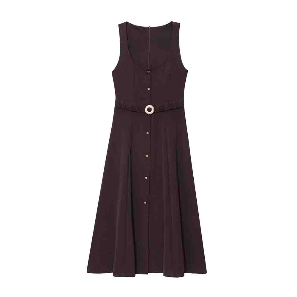 Women's New Fashion With Belt Sleeveless Square Neck Midi Dress
