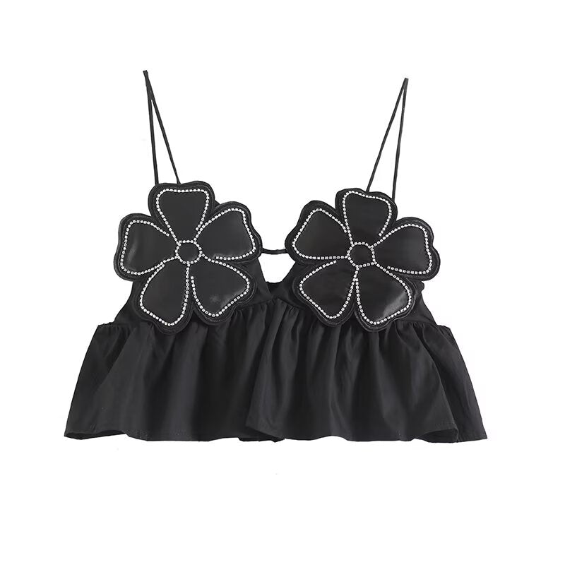 Women's new fashion flower bead decoration suspender top retro sleeveless women's vest chic top