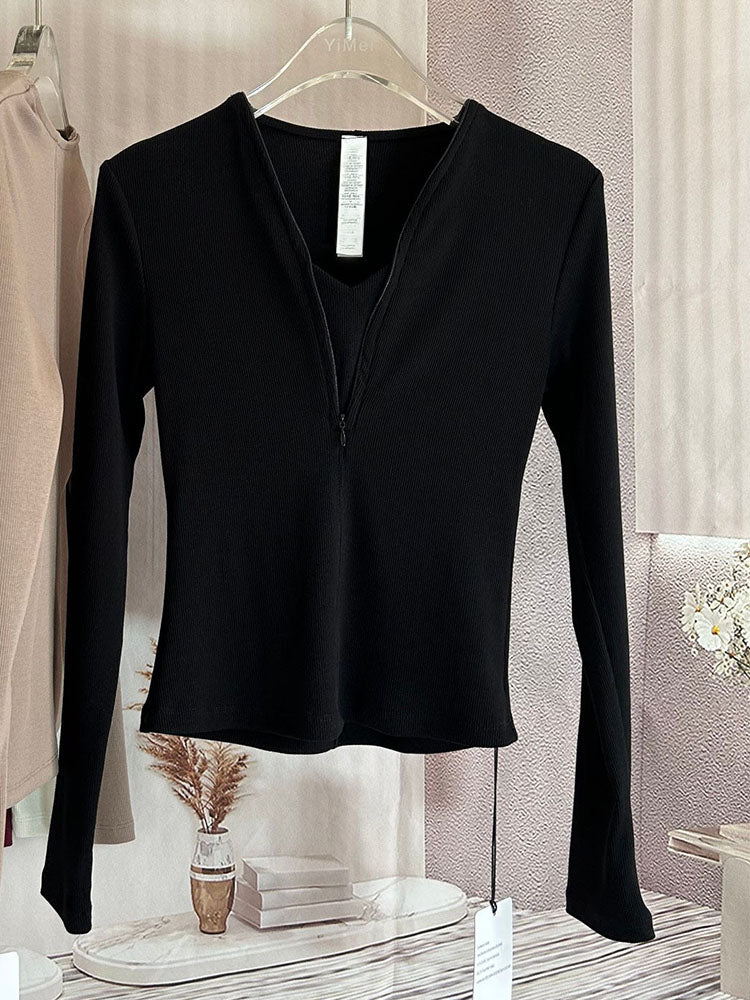 Women's New Casual Joker Slim V-neck Zipper Sports Fitness Long Sleeve Bottoming Shirt