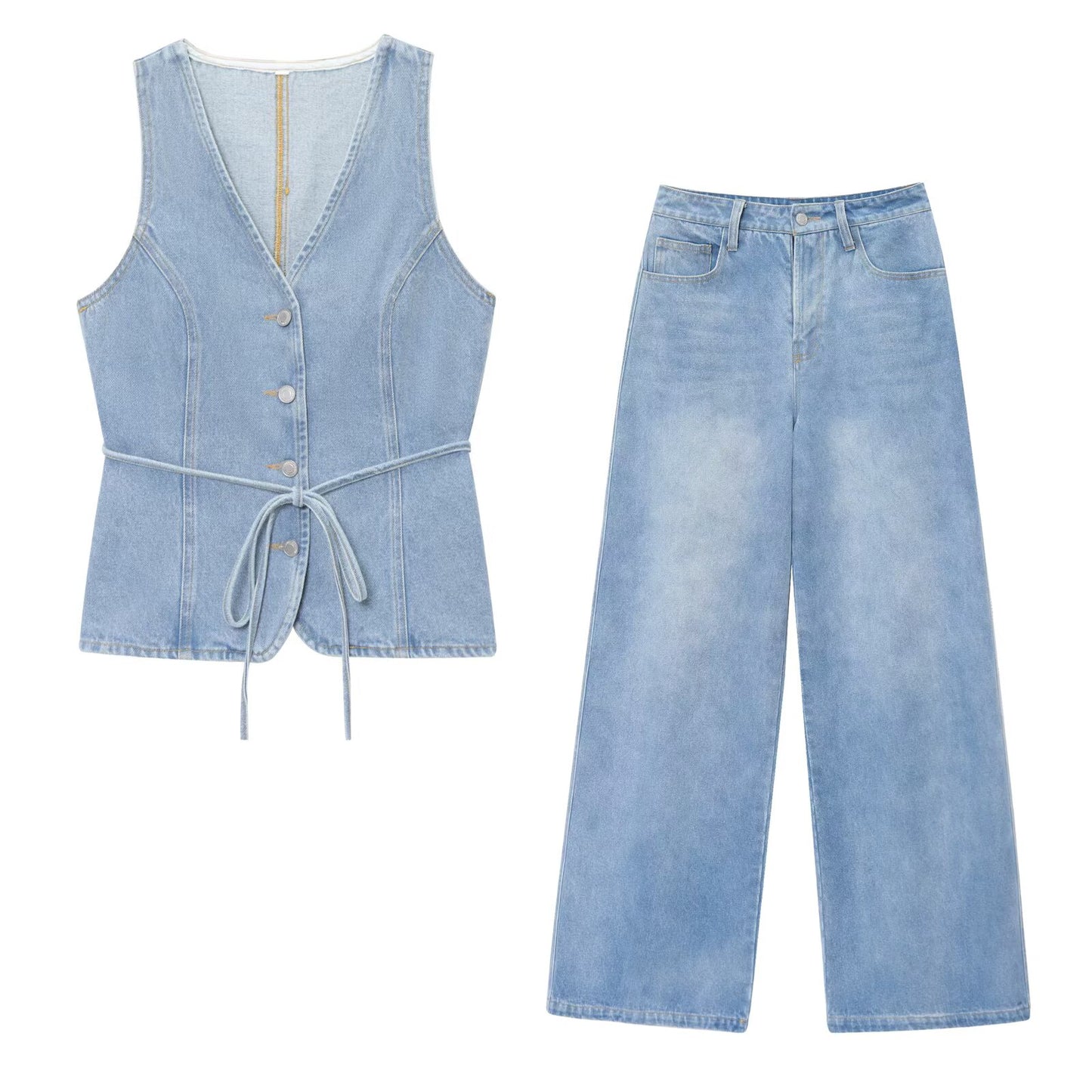 Women's new fashion with Belt sleeveless V-neck denim top+Jeans suit
