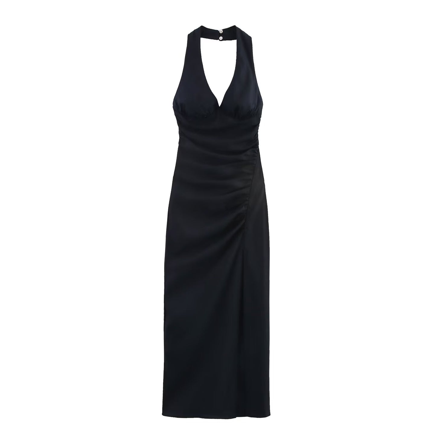 Women's new chic fashion pleated decoration tight hanging neck Split MIDI dress retro sleeveless backless women's dress