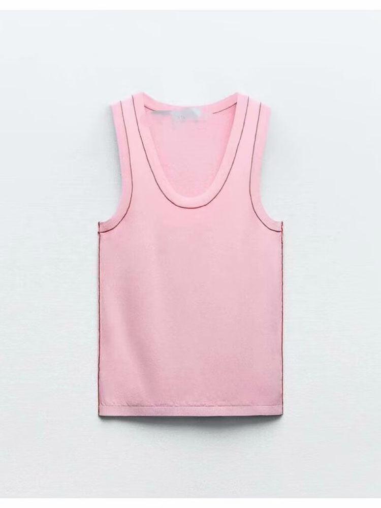 Women's 2025 chic and stylish contrast-trimmed plain needle sleeveless top vest