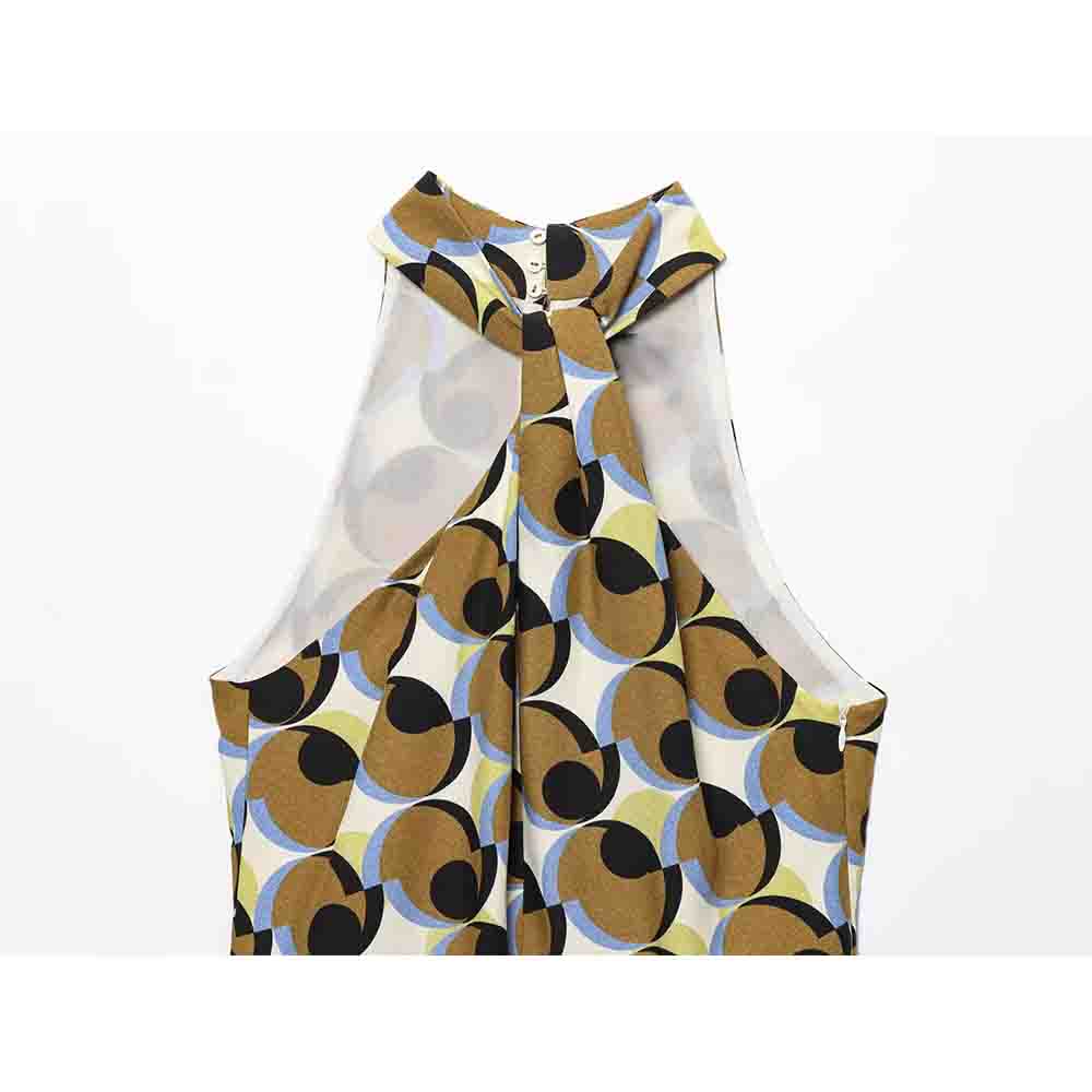 Women's New Fashion feather decoration geometric print hanging neck mini dress