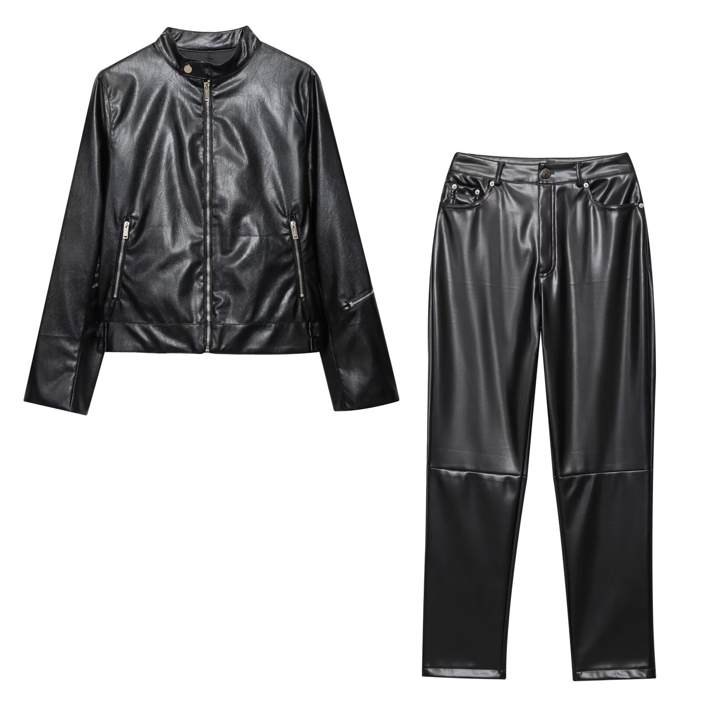 Women's new fashion black stand collar Faux Leather jacket Coat+Pants suit