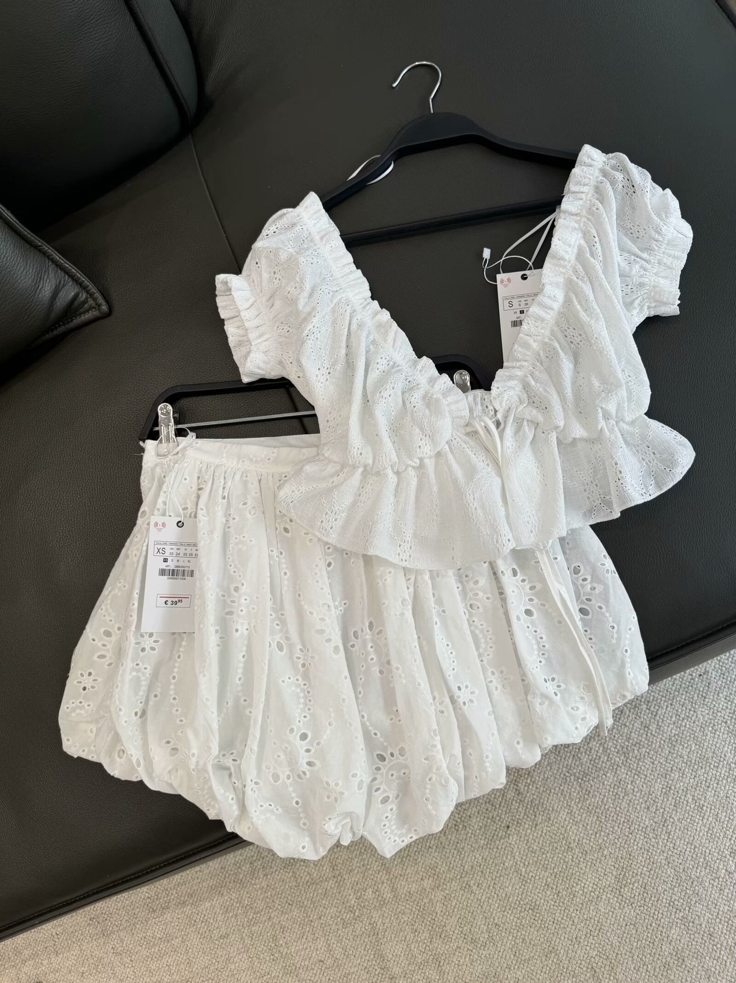 suit Women's 2 pieces new short Lotus leaf edge decorative lace up top + shorts suit