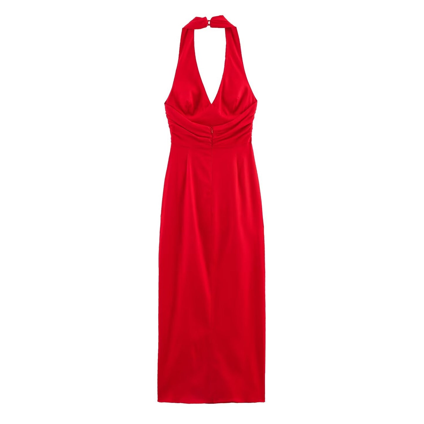 Women's new chic fashion pleated decoration tight hanging neck Split MIDI dress retro sleeveless backless women's dress