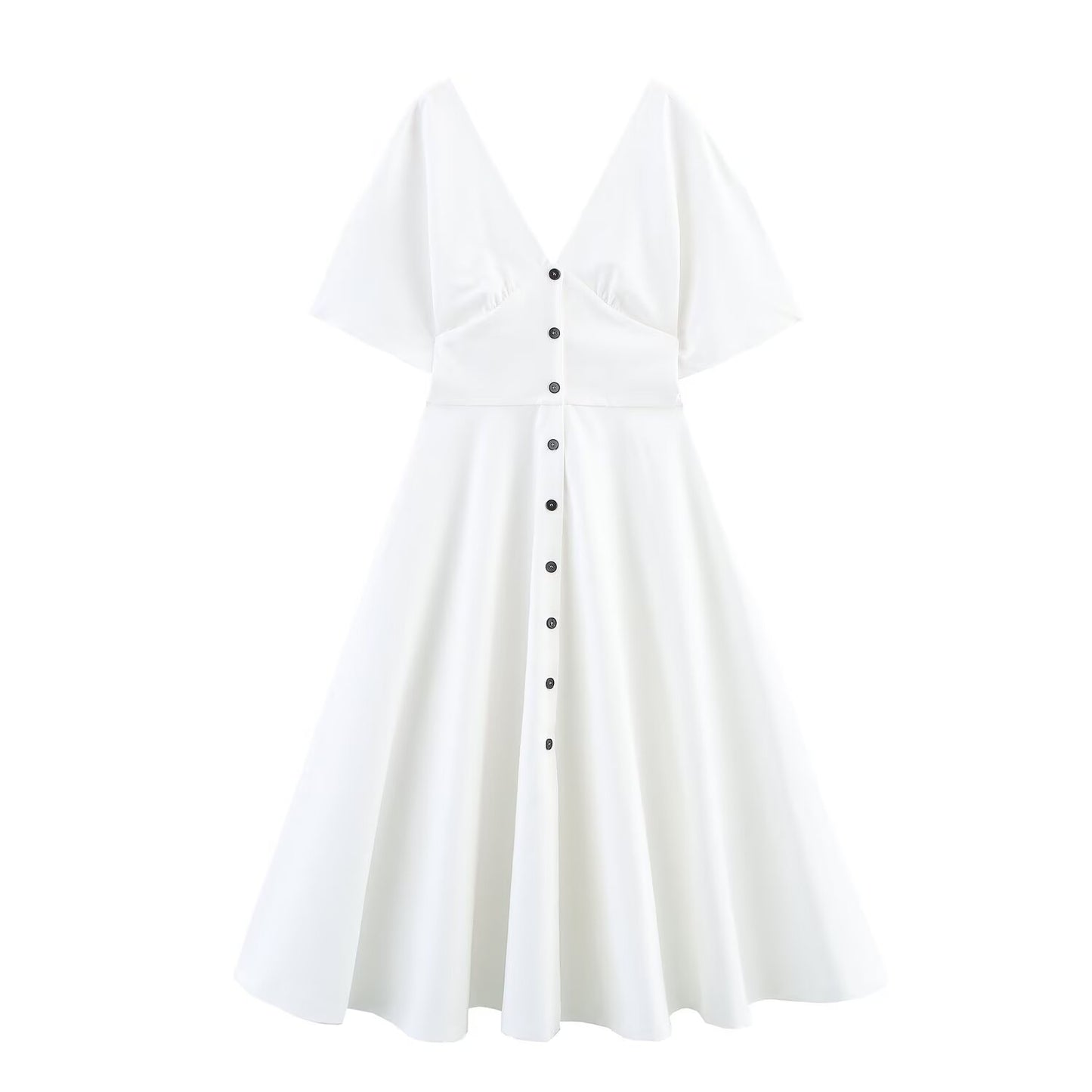 Women's New Fashion Short sleeved Single breasted Poplin V-neck Midi Dress