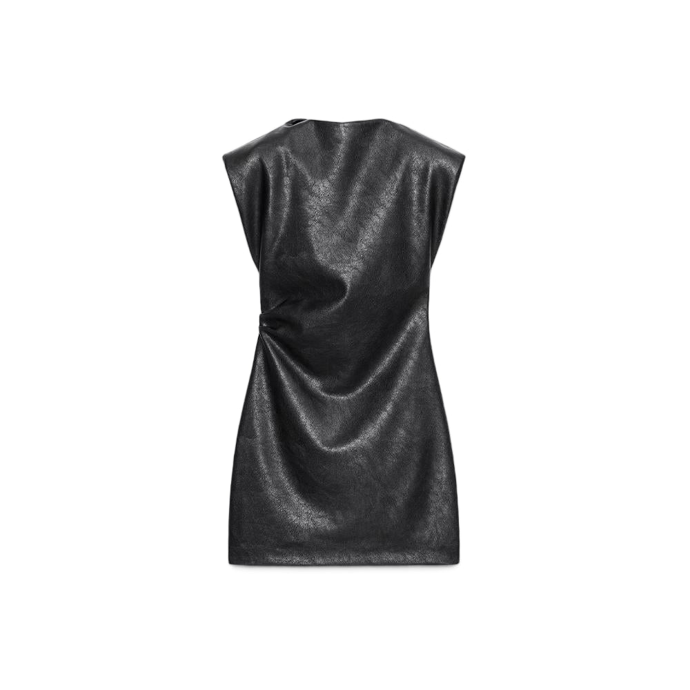 Women's new fashion with shoulder pads black faux leather mini dress