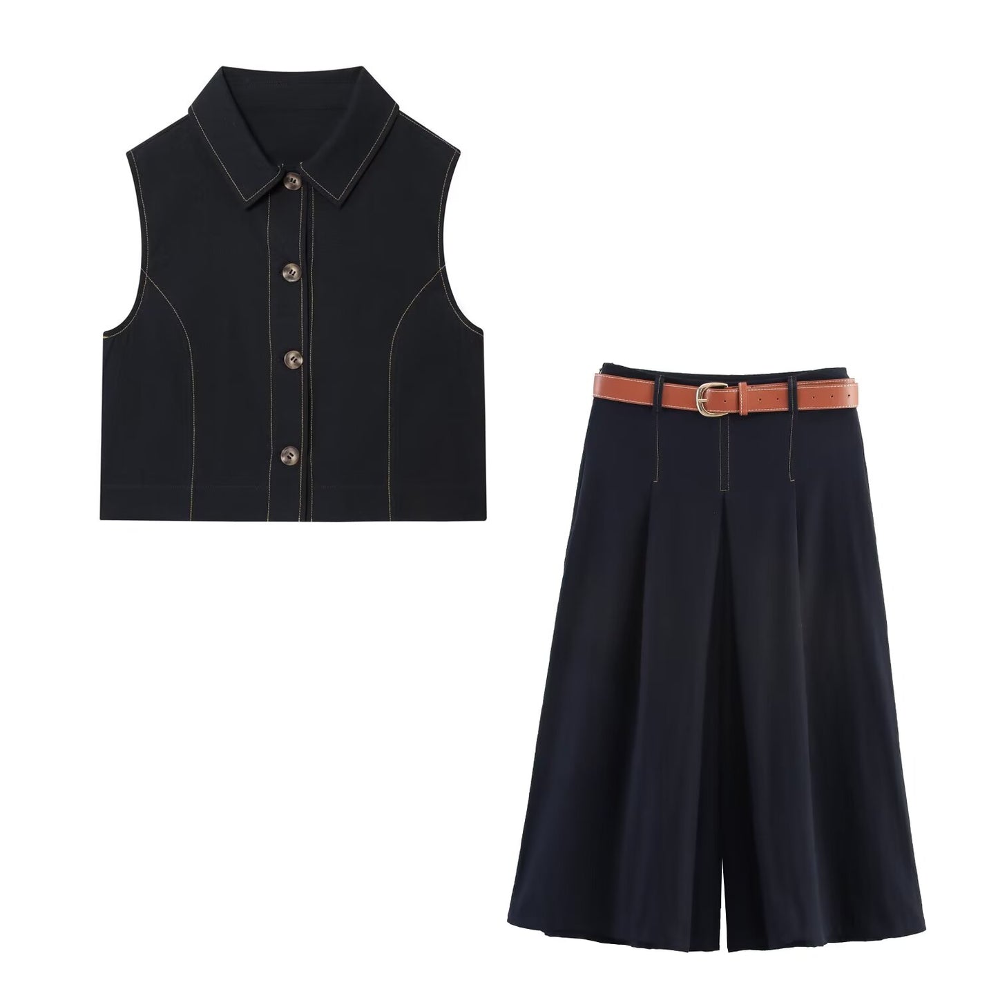 Women's new fashion short Lapel cotton straight vest+shorts suit