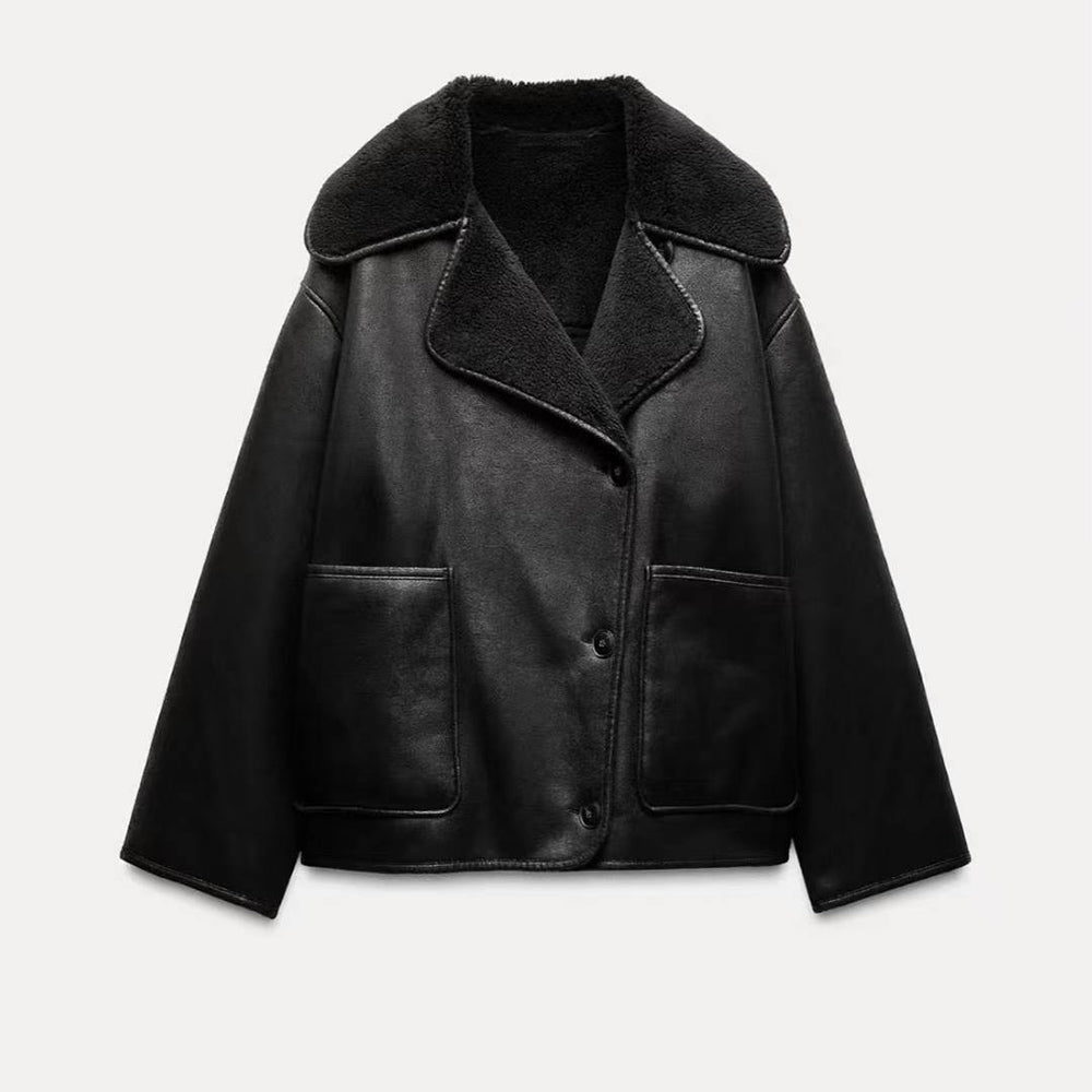 Women's loose warm double-sided Fur Faux Leather jacket Coat