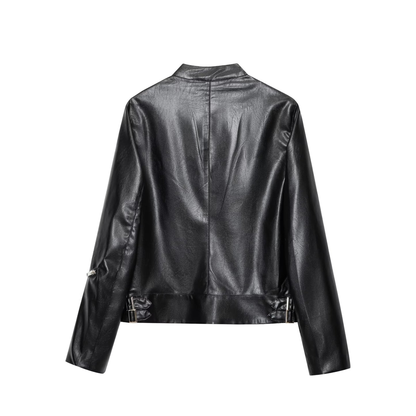 Women's new fashion black stand collar Faux Leather jacket Coat+Pants suit