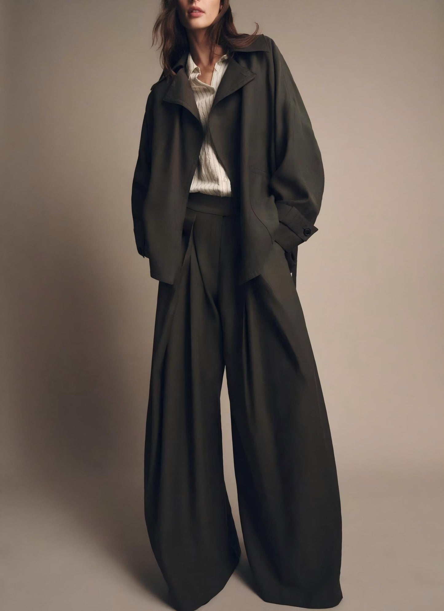 Women's New Fashion With Belt Loose Button-up Lapel Coat+Pants Suit