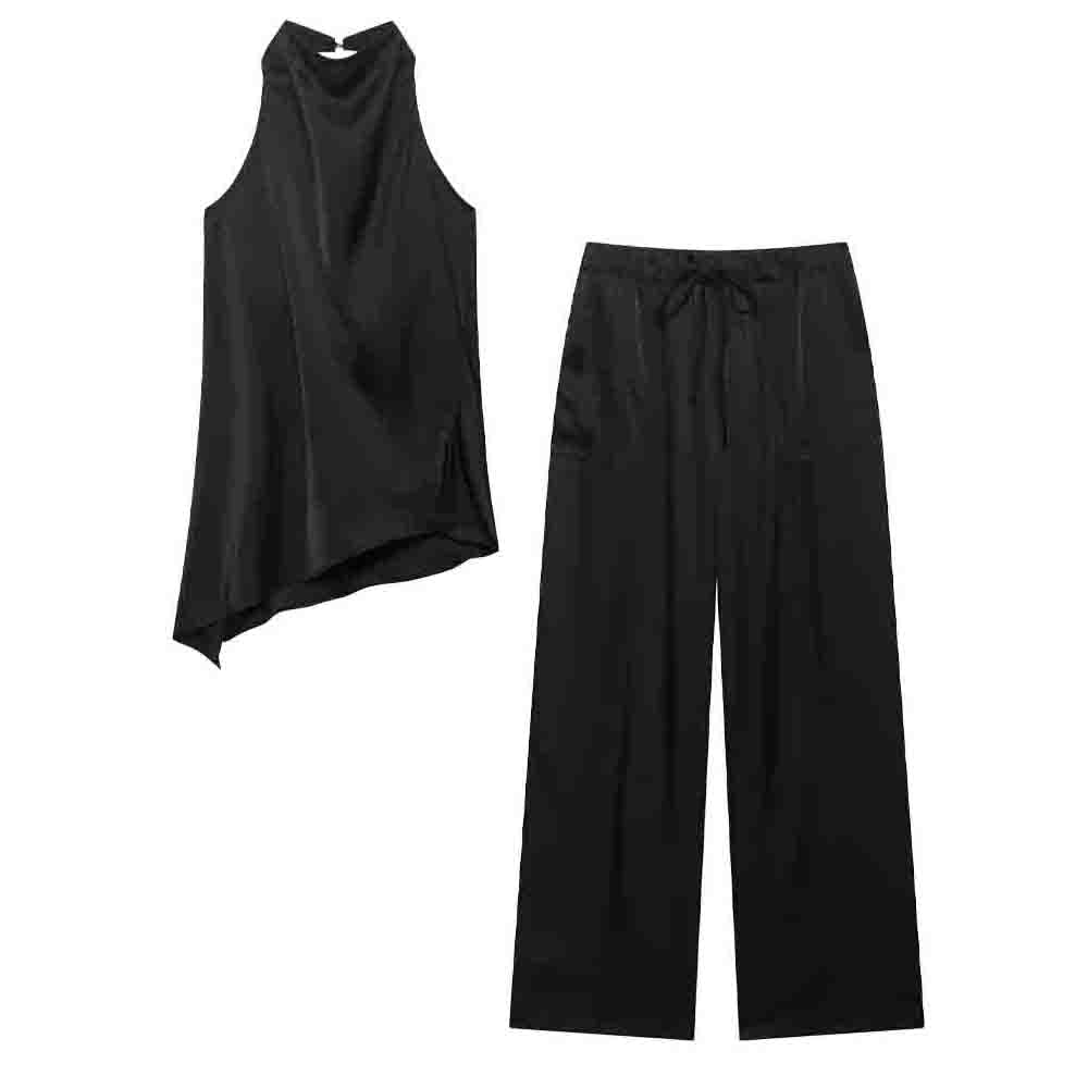 suit Women's 2 pieces fashion sleeveless satin texture hanging neck top+Pants suit