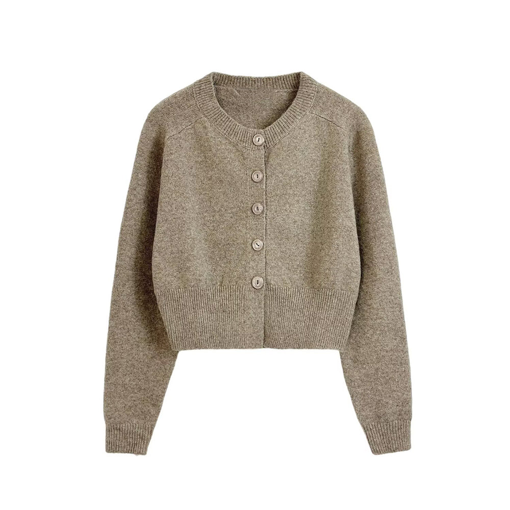 Women's new fashion short O-Neck long sleeved knitted cardigan