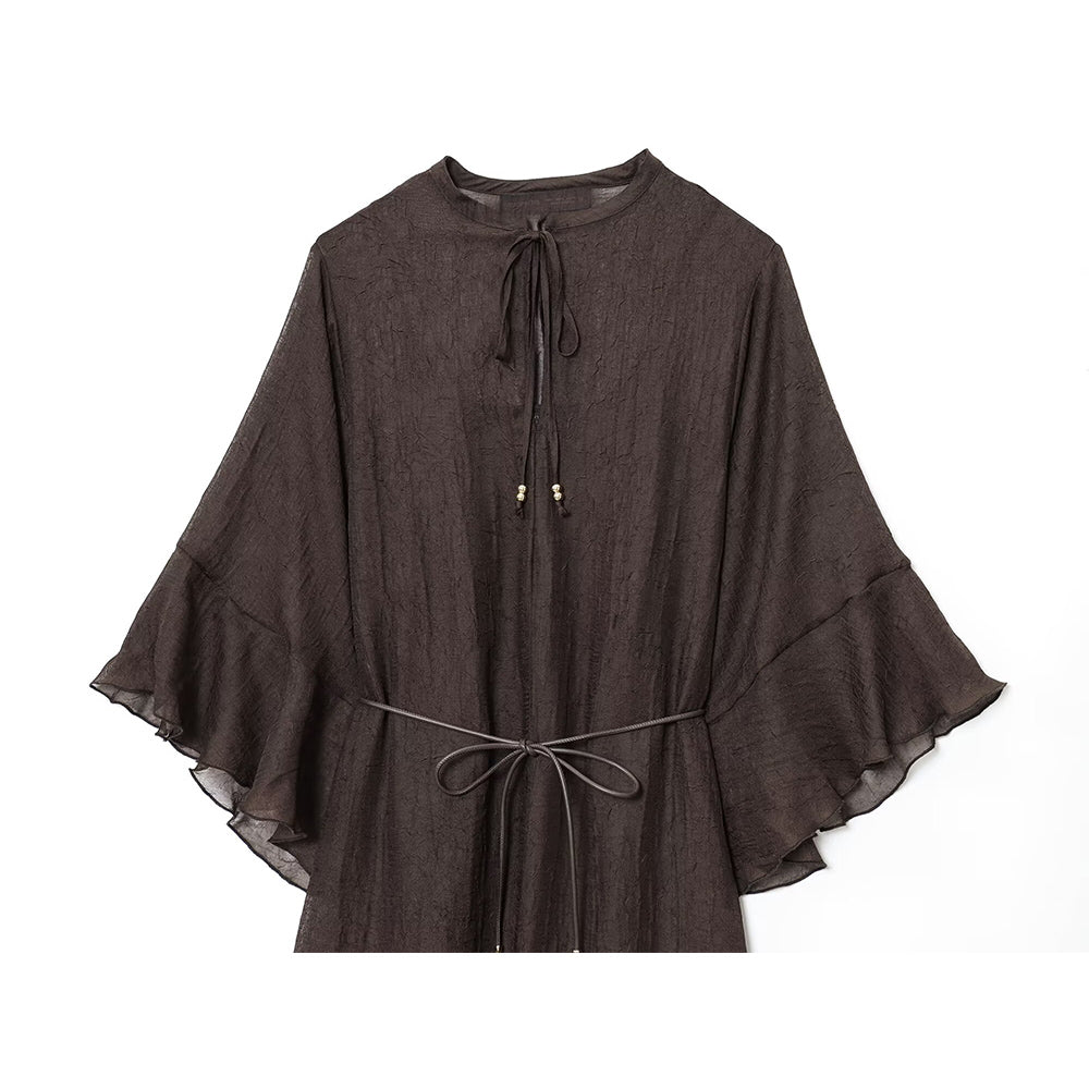 Women's new fashion with Belt loose semi transparent MIDI dress