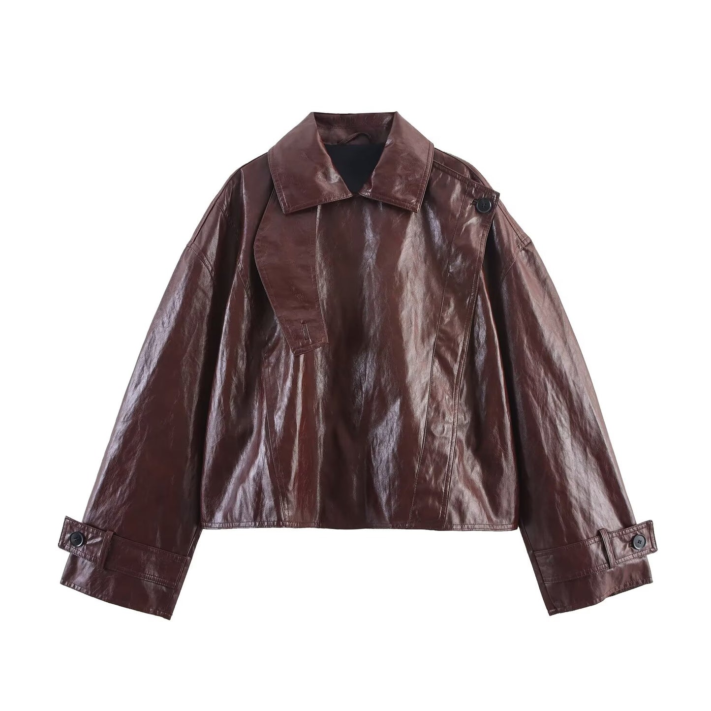 Women's new fashion casual lapel shiny Faux Leather jacket Coat