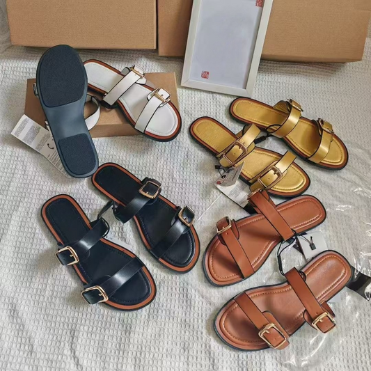 Women's New Fashion Casual Joker Double Flat Sandals Wearing Sandals Slippers.